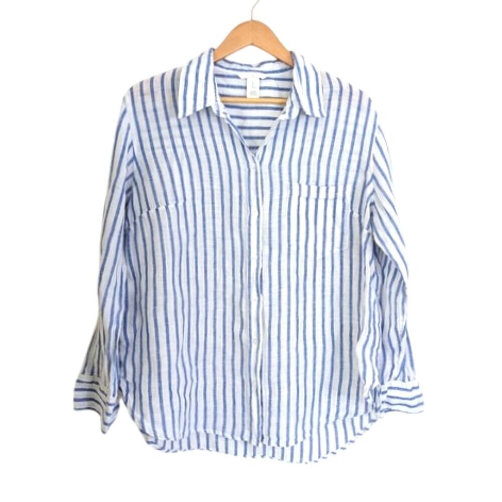 Like New H&M‎ 100% Linen White/Blue Stripe Beachy Button-Up Linen Shirt Size L